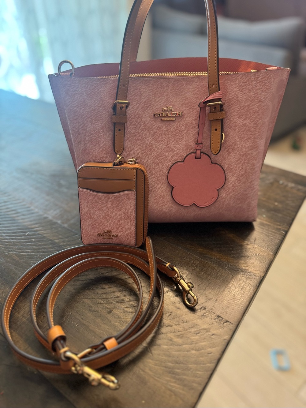 Coach Pink Logo Tote with Brown Leather Trim and Card Case